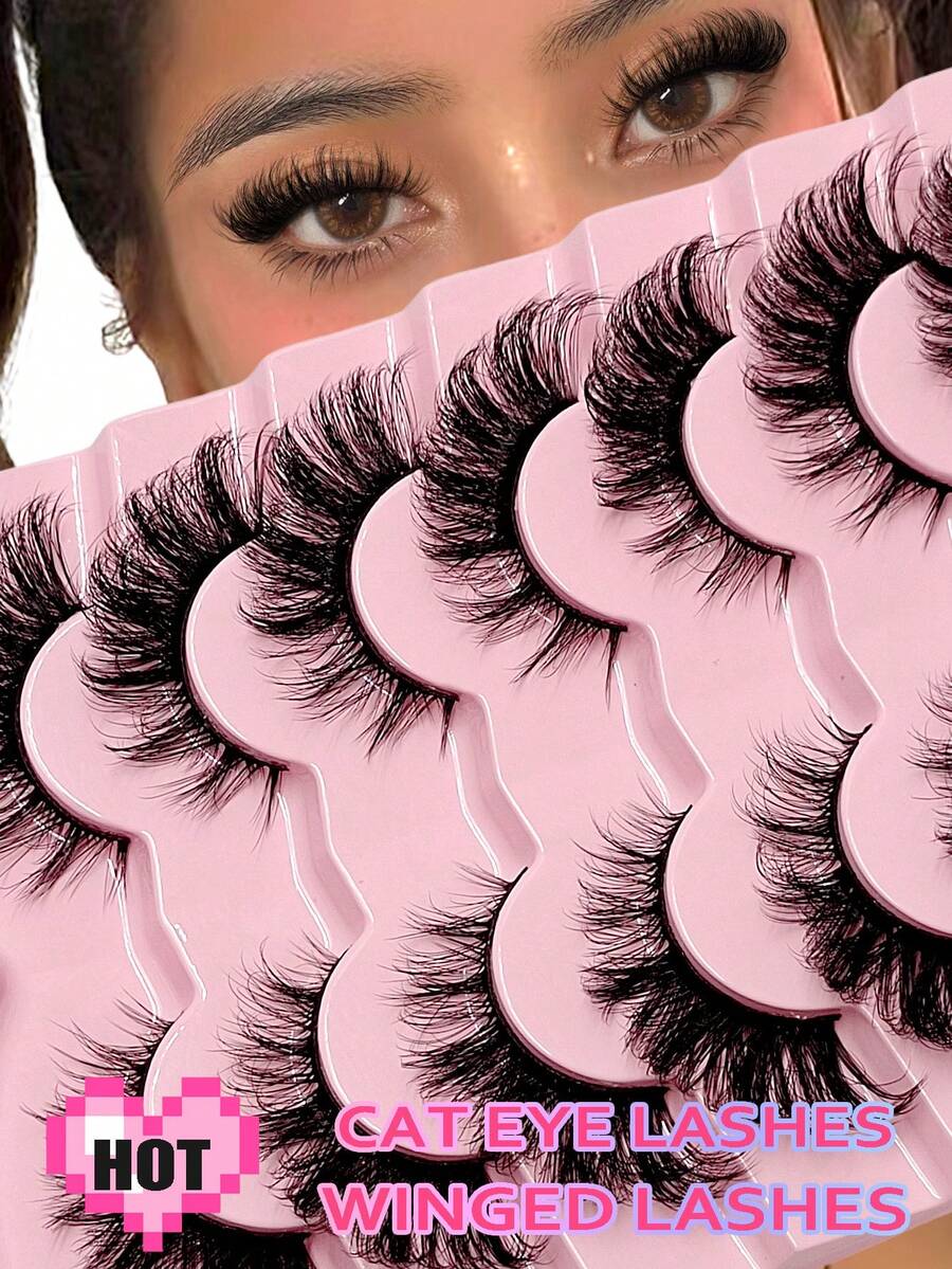 7 Pairs Asiteo Luxury Faux Mink Eyelashes, 8D Natural Cat Eye Effect, Reusable, Comfortable Wear, Suitable For All Occasions - 眼尾拉長款 - 查看 1