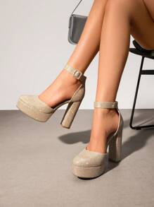 Women's High Chunky Heels Pumps Elegant Solid Color Platform Ankle Strap Dress Round Closed Toe Wedding Party  Fashionable Comfortable Shoes - 金色 - 查看 1