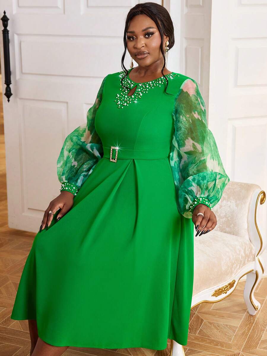 Ruffles Sleeve Beaded SeeThrough Digital Print ALine Dress, Commuter