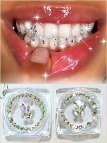 70 piezas Kit de joyería de dientes con piedras de imitación autoadhesivas: gemas de mariposa para dientes, piedras de imitación de fondo plano, diamantes redondos, decoración brillante para dientes, fácil de colocar y quitar, accesorios de cristal, gótica Y2K para Halloween, incluye herramienta y pegamento