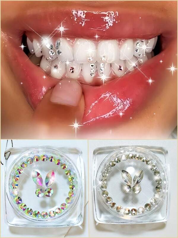 70 piezas Kit de joyería de dientes con piedras de imitación autoadhesivas: gemas de mariposa para dientes, piedras de imitación de fondo plano, diamantes redondos, decoración brillante para dientes, fácil de colocar y quitar, accesorios de cristal, gótica Y2K para Halloween, incluye herramienta y pegamento