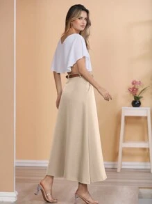 Long Monochromatic Tailored Skirt With Black Belt/Button Details/Casual/Trend/Look/Everyday/Summer/Elegant/Casual/Stylish/Collection 2024 - 米色 - 查看 2