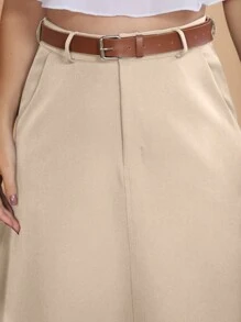 Long Monochromatic Tailored Skirt With Black Belt/Button Details/Casual/Trend/Look/Everyday/Summer/Elegant/Casual/Stylish/Collection 2024 - 米色 - 查看 5
