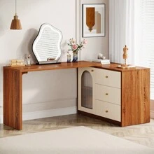 LITTLE TREE Modern Makeup Vanity With 3 Drawers And Cabinet, Retractable Large Makeup Corner Dressing Table For Bedroom, Living Room - Óc chó + Trắng - Xem 3