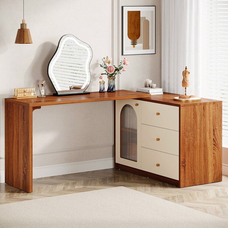 LITTLE TREE Modern Makeup Vanity With 3 Drawers And Cabinet, Retractable Large Makeup Corner Dressing Table For Bedroom, Living Room - Óc chó + Trắng - Xem 3