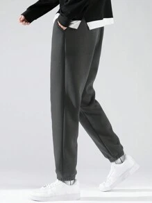 Men's Fashion Minimalist Thermal Lined Elastic Waist Sweatpants, Versatile And Warm - Grey - View 6