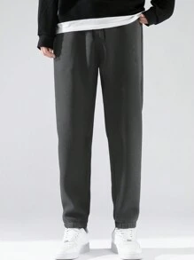 Men's Fashion Minimalist Thermal Lined Elastic Waist Sweatpants, Versatile And Warm - Grey - View 3
