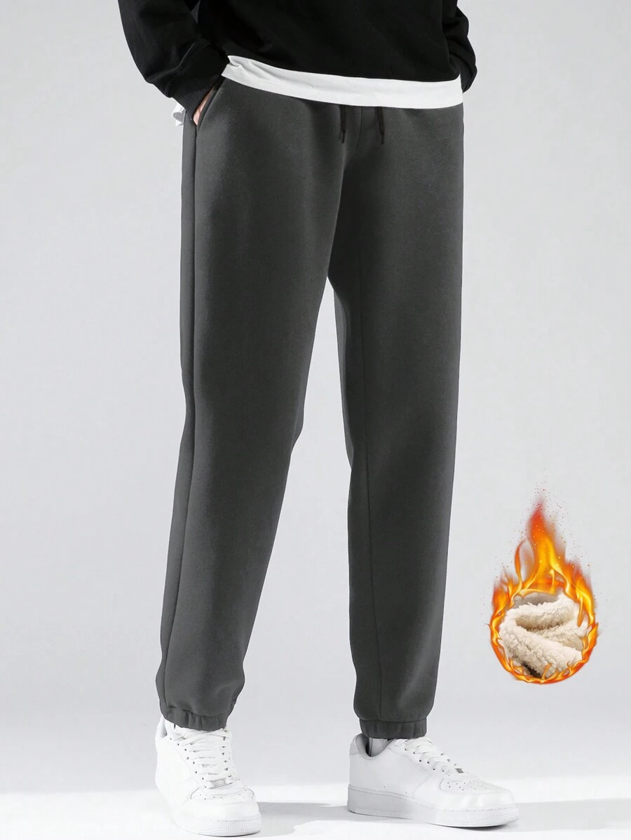 Men's Fashion Minimalist Thermal Lined Elastic Waist Sweatpants, Versatile And Warm - Grey - View 1