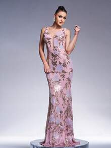 Women's Sequin Embroidered Mermaid Maxi Party Dress - Baby Pink - View 4