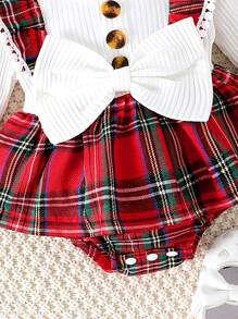 2pcs Baby Girl Bow-Knot Decor White Ribbed & Red Plaid Ruffled Bodysuit With Headband, Spring & Autumn - Red - View 6