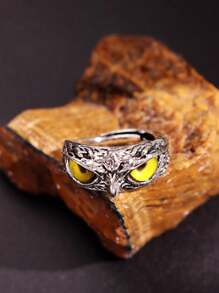 1 pieza Anillo abierto con forma de búho de estilo retro punk en tono plateado, joyería para hombres