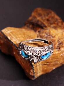 1 pieza Anillo abierto con forma de búho de estilo retro punk en tono plateado, joyería para hombres