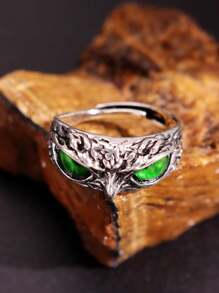 1 pieza Anillo abierto con forma de búho de estilo retro punk en tono plateado, joyería para hombres
