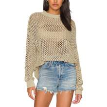 Womens Crochet Tops Long Sleeve Beach Summer Sweater Crew Neck Mesh Cover Ups Bikini Swimsuit Tunic Pullover Tops - 杏色 - 查看 1