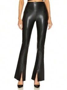 Lynfun Women High Waisted Flare Leg Pants, PU Leather Skinny Stretchy Leggings, Casual Breathable PU Patchwork Long Trousers