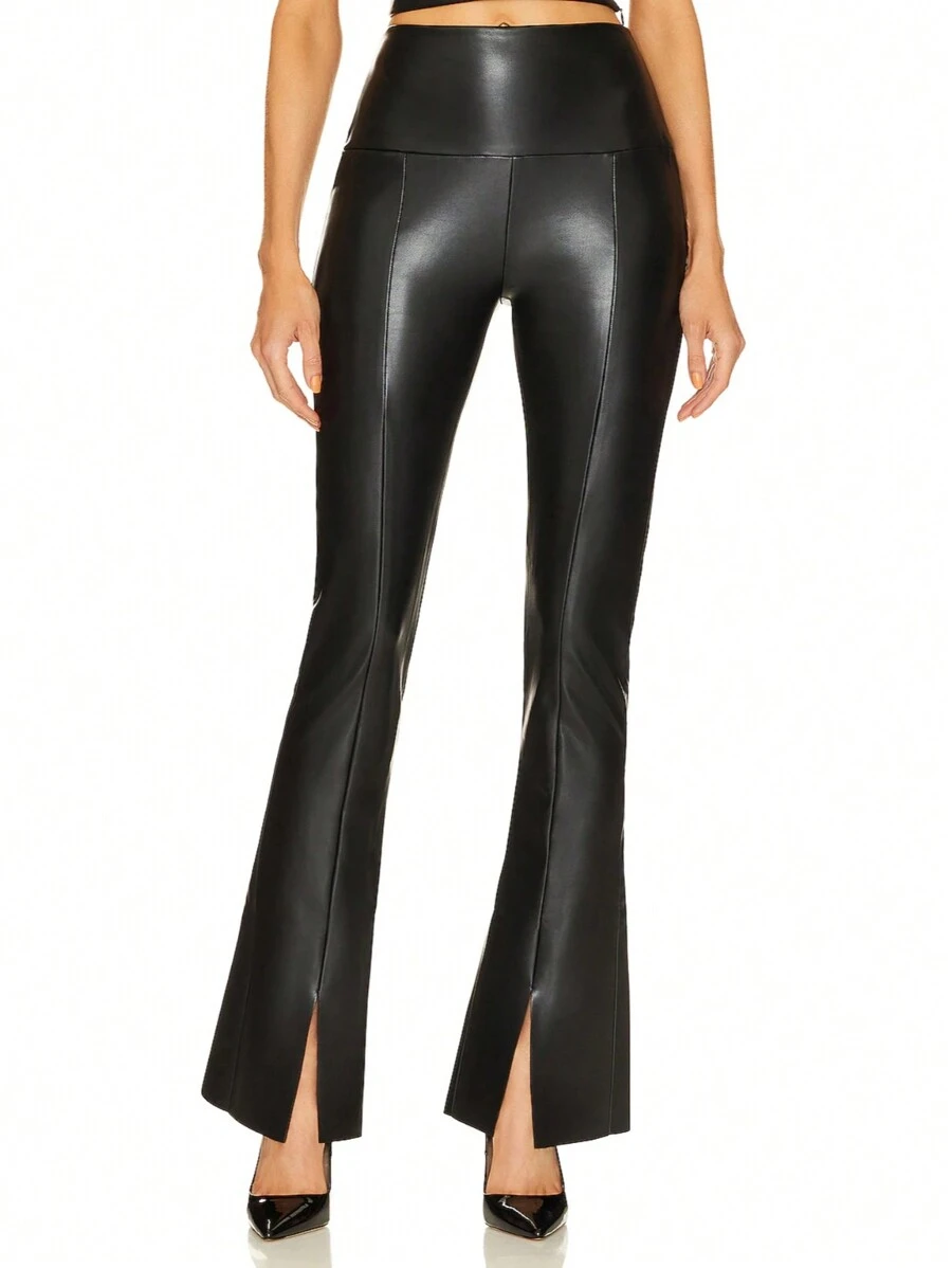 Lynfun Women High Waisted Flare Leg Pants, PU Leather Skinny Stretchy Leggings, Casual Breathable PU Patchwork Long Trousers
