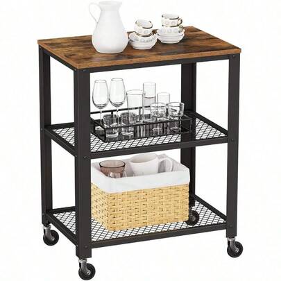 VASAGLE BRYCE Serving Cart, 3-Tier Kitchen Utility Cart On Wheels With Storage, For Living Room, Accent Furniture With Steel Frame, Industrial, Rustic Brown And Black