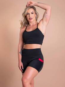 Women's Fitness Set High Waist Shorts With Mesh Pocket And Strappy Crop Top Gym Fashion Workout F7 NEW STYLE - 粉色 - 查看 1