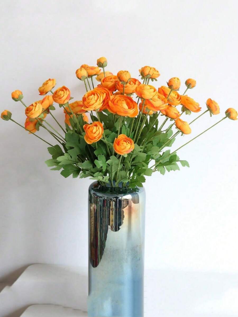 16 Heads Artificial Ranunculus Flower 4Pcs Silk Flowers Buttercup For Home Wedding Decoration Floral Creation Flower Arrangement DIY Project Outdoor Decor - Orange color - View 1