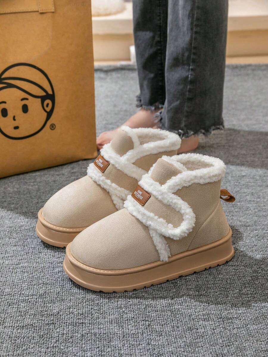 女士纯色厚底雪地靴，休闲一脚蹬毛绒衬里靴，舒适冬靴 - 卡其色 - 查看 1