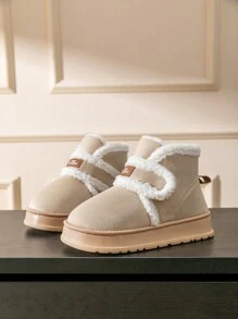 女士纯色厚底雪地靴，休闲一脚蹬毛绒衬里靴，舒适冬靴 - 卡其色 - 查看 6