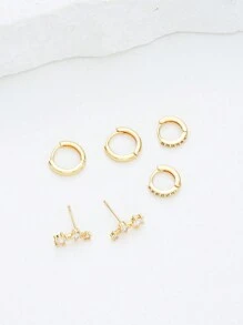 6pcs Simple Copper Zirconia Hoop Earrings Set, Suitable For Women, Couples, Sisters, Vacation, Date, Daily Wear - Yellow Gold - View 3