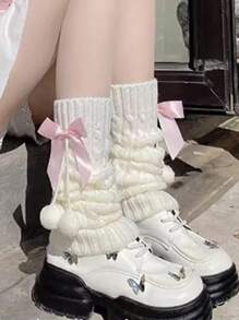 1双女士洛丽塔风格粉色蝴蝶结毛球针织腿套，Y2k风格，舒适 - 彩色 - 查看 1