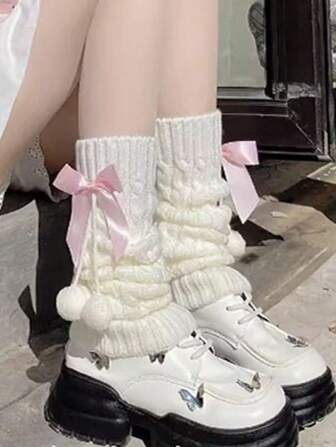 1 par de calentadores de piernas de estilo lolita con lazo rosa y bola esponjosa de punto, Y2k