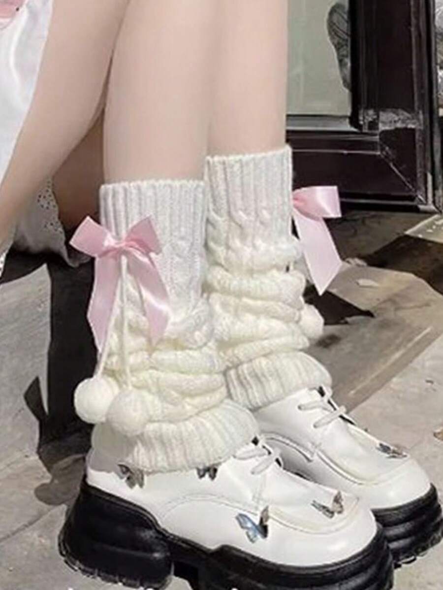 1双女士洛丽塔风格粉色蝴蝶结毛球针织腿套，Y2k风格，舒适 - 彩色 - 查看 1
