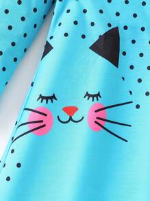 Young Girl Dots & Kitty Print Long-Sleeve Dress , Spring & Fall Everyday Sweet Casual Dresses, Party, Gift - Blue - View 5