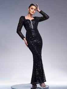 Missord Mesh Insert Sweetheart Neck Mermaid Hem Sequin Formal Dress - Black - View 1