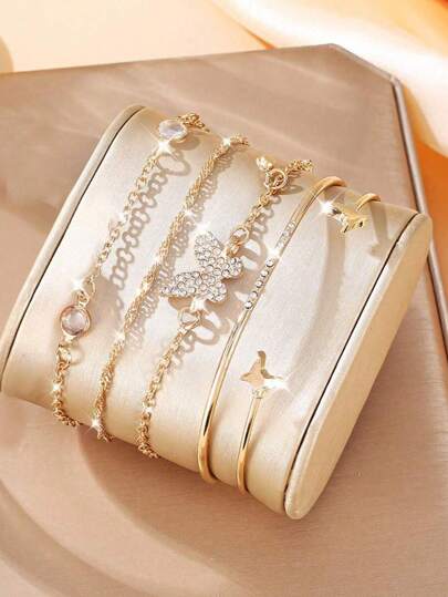 5 st lyxiga guldpläterade guldpläterade legerade kristallarmbandsarmbandsset för damer Strass, läkande kristall, Bring Good Luck Charm, Present för kvinnor, Examen Säsongspresent