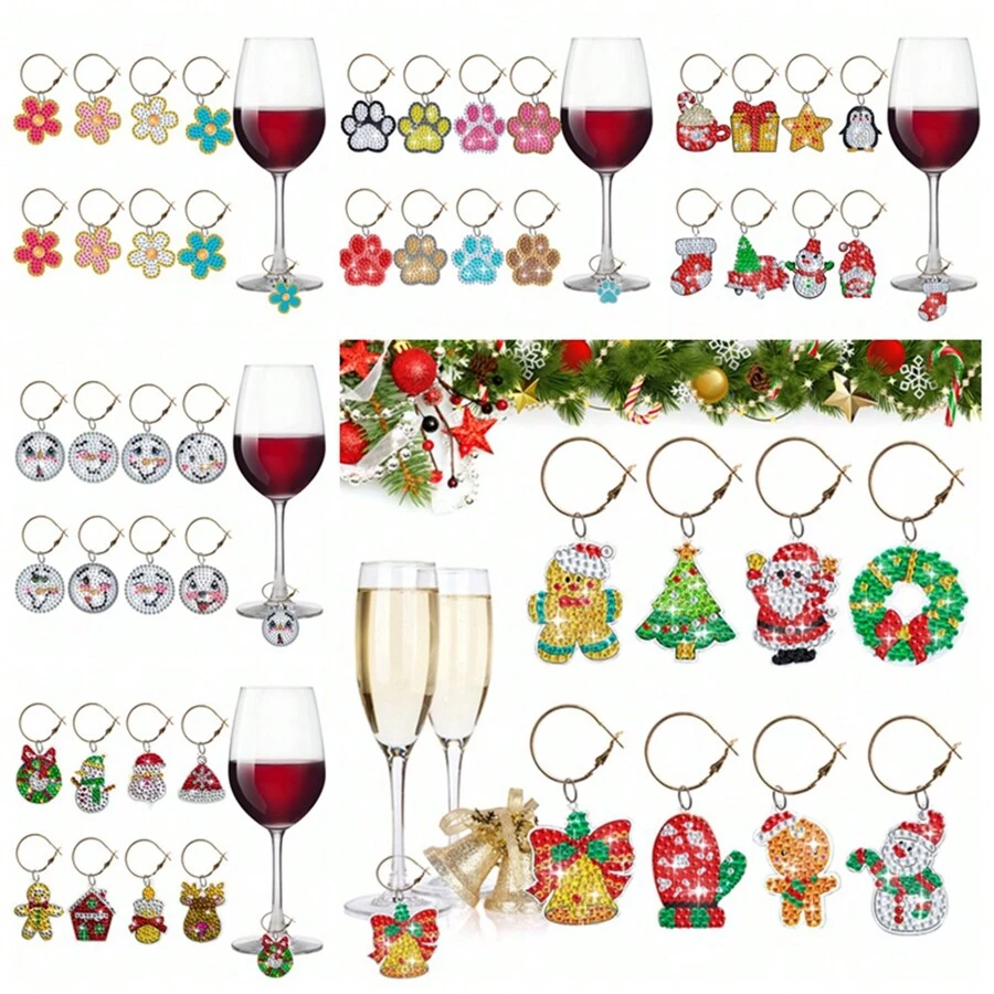 8 件/套 DIY 圣诞钻石画酒杯饰物亚克力双面水晶钻钻石艺术画饮料标记圣诞钻石艺术玻璃饰物适用于饮料、瓶装礼品套装、家居装饰、餐厅、酒吧、咖啡厅、婚礼、派对装饰、朋友礼物、圣诞礼物、新年礼物、圣诞礼物、圣诞快乐、户外、露营、母亲节礼物