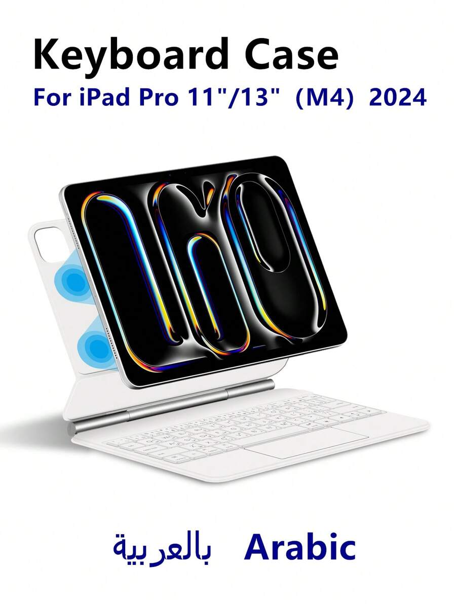 Arabic Keyboard Case Compatible With Ipad Pro 11 Inch / Pro 13 M4 2024 Colorful Backlight TrackPad Pro11 Pro13 Tablet Smart Magic Keyboards Folio Cover PU Touch White