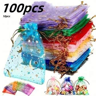 100pcs/50pcs/20pcs Moon & Star Organza Drawstring Bags - Ideal For Jewelry, Party Favors - Assorted Colors For Weddings, Valentine's Day And Christmas