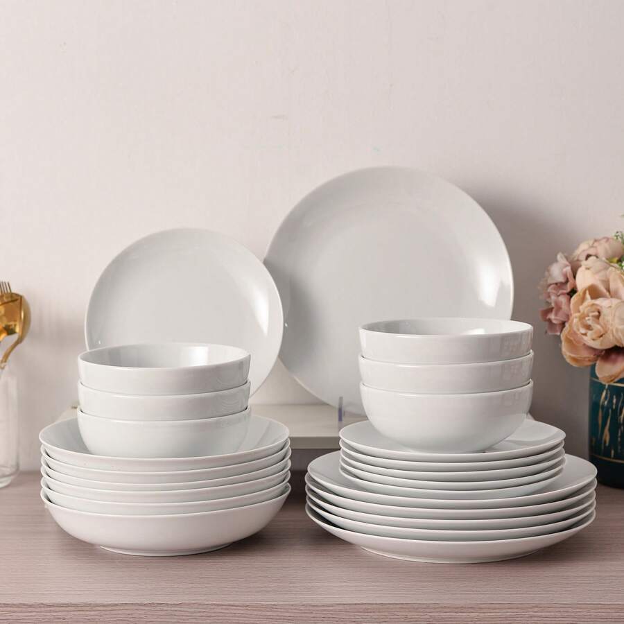 MALACASA 24 Pieces Plates And Bowls Sets, Modern Porcelain Dinnerware Set, Ceramic Dishware Dishes White Kitchen Dinner Dining Ware Set Microwave And Dishwasher Safe - For 6 People