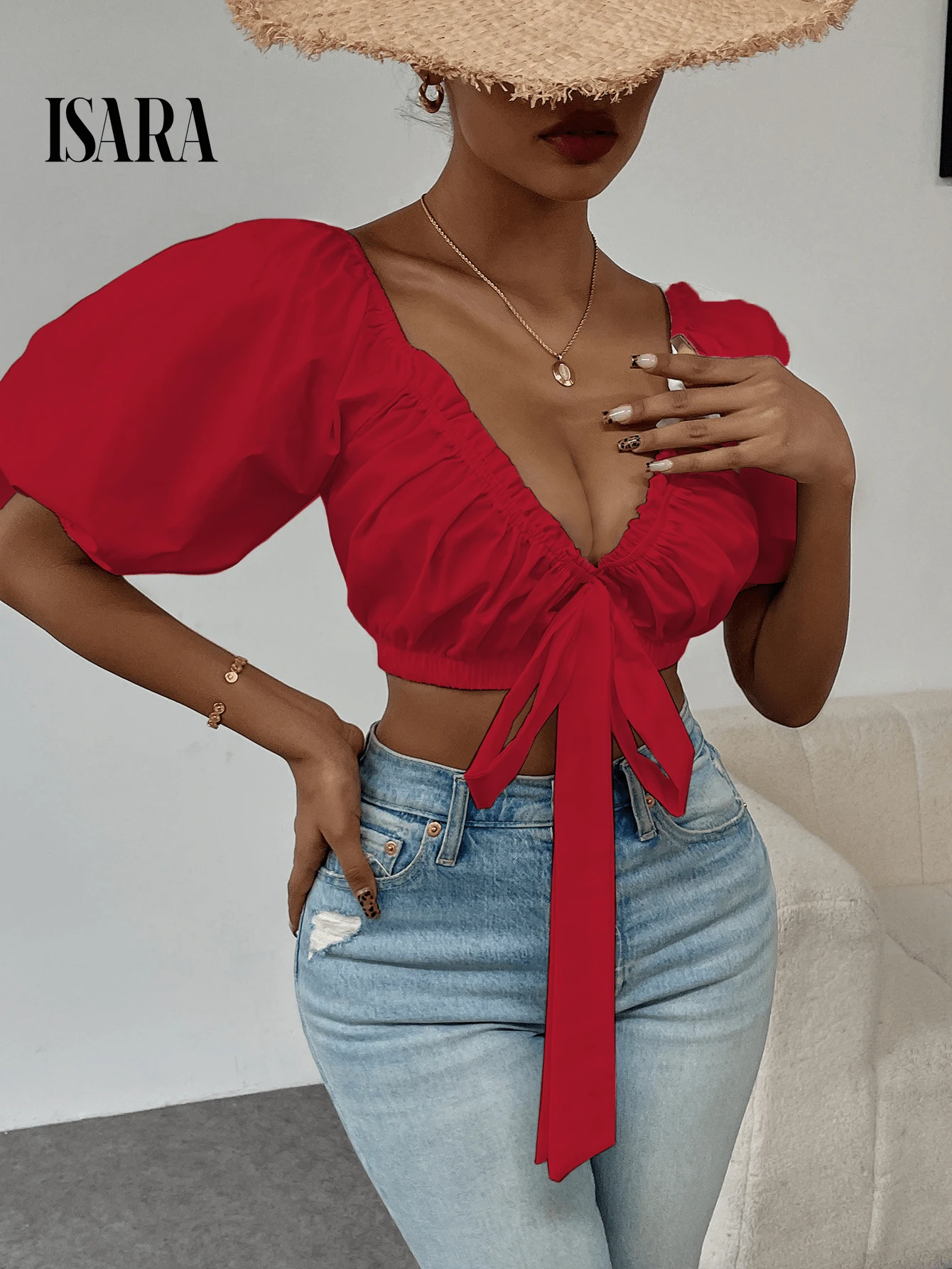 ISARA Elegant Women's Blouse With V-Neckline, Bow And Puff Sleeves, Pullover Style. - 紅色 - 查看 1