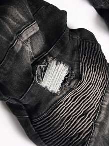 Men's Ribbed Jeans Stretch Straight Fit Denim Pants Washed Biker Distressed Destroyed Jeans - 黑色 - 查看 4