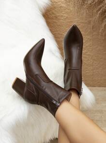 Women's Ankle Boots, New Fall/Winter Brown Pointed Toe Chunky Heel Side Zipper, Versatile British Style Fashion High Heel Booties - Brown - View 2