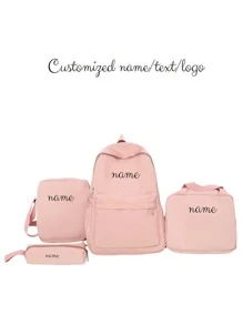 3pcs/4pcs Set, Backpack, Shoulder Bag, Crossbody Bag, Tote Bag, Clutch, Pencil Case, Nylon Material, Large Capacity, Solid Color, Contrast Color, Fashion Casual, Versatile Minimalist, Suitable For School, Work, Travel, Back To School, Graduation, Travel Essentials, Large Capacity, Unisex, Customizable Name, New Year Charm, Commuter Backpack, Anti-Theft - Pink - View 10
