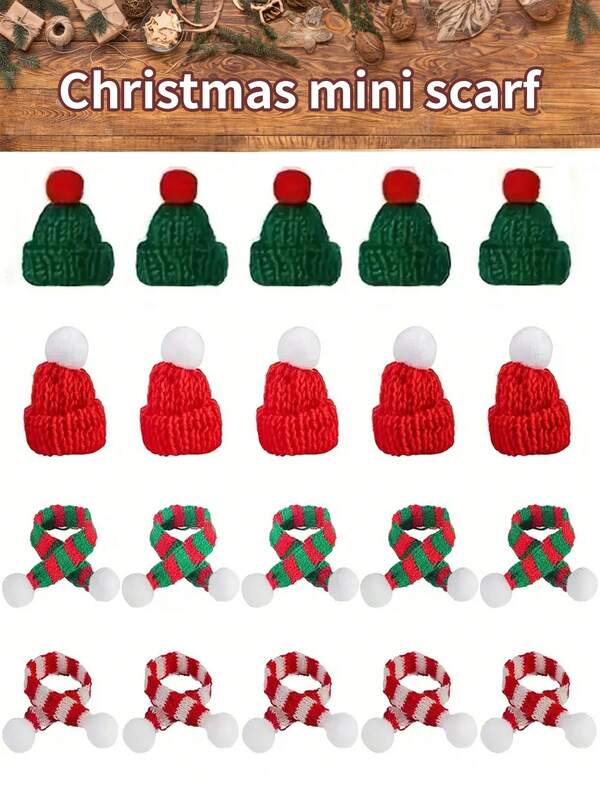 20pcs Mini Christmas Knitted Hat And Scarf Set Red And Green Knitted Ornaments - Perfect For DIY Crafts, Tree Decorations And Snowman Decorations 10 Hats + 10 Scarves,Christmas