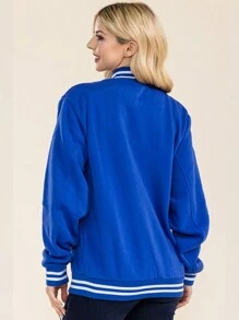 Women's Casual Long Sleeve Bomber Jacket With Baseball Collar And Button Details Black Varsity Outerwear With Slight Stretch Fabric - 寶藍色 - 查看 3