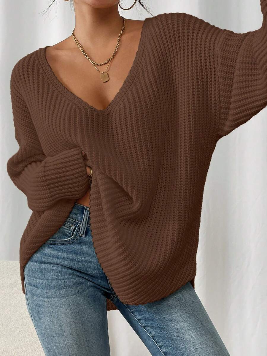 Women's Solid Color V-Neck Dropped Shoulder Long Sleeve Loose Casual Sweater, Autumn/Winter