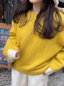 Suéter de cuello redondo de manga larga con parches de mujer, unicolor, para el hogar, uso diario, escuela, exterior, otoño/invierno, regreso a la escuela, casual - Amarillo - Ver 3