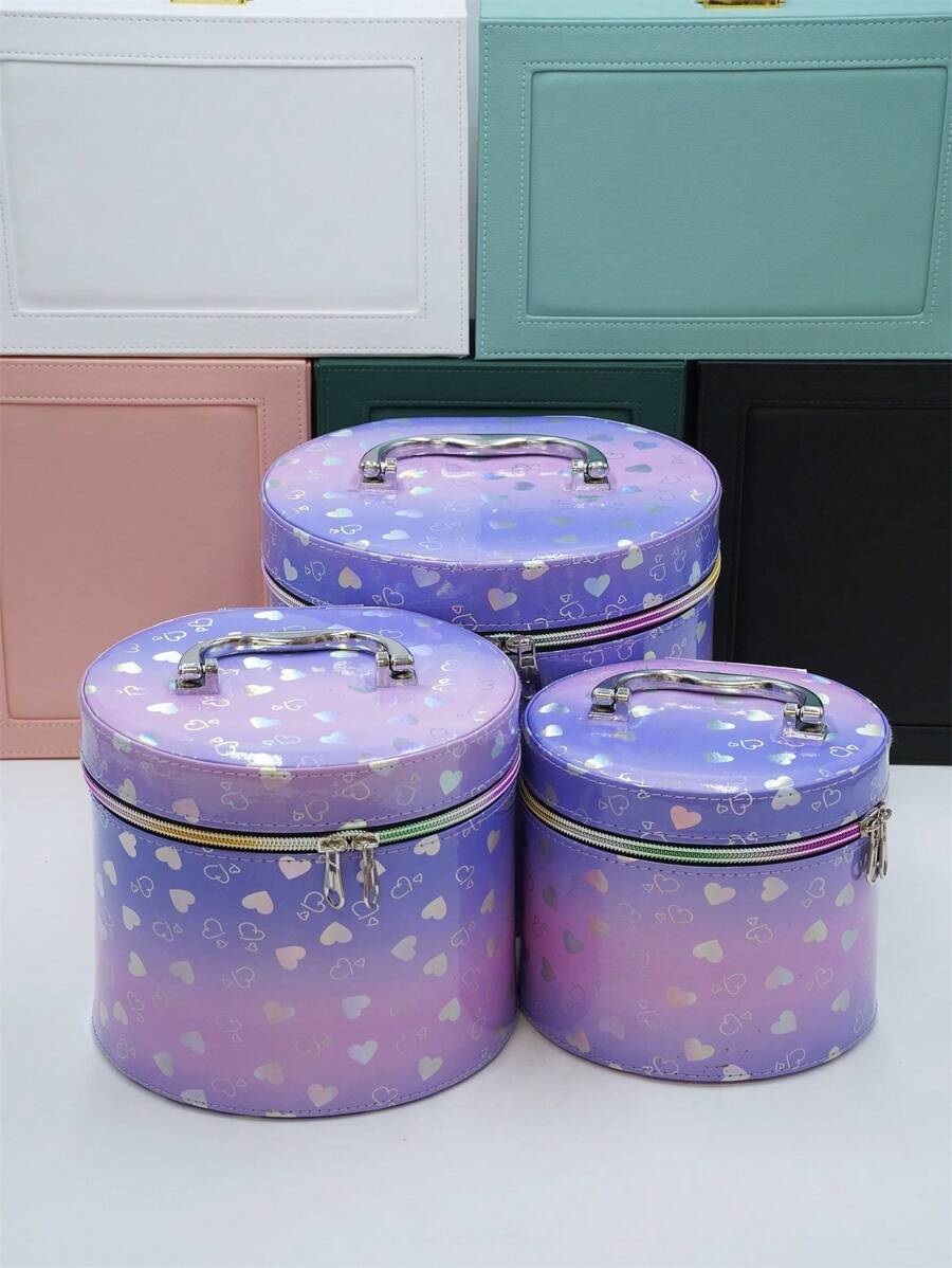 一套大容量 3 件套化妆包，带激光心形，多种颜色可选 - 化妆师化妆盒 - 多功能便携式化妆盒 - 化妆品收纳盒 - 高端便携式行李箱 - 发饰收纳首饰盒 - 家庭针线收纳 - 护肤品、指甲油收纳，旅行装口红、刷子、护肤品、手机、硬币、小物件，居家、礼品、度假和节日万圣节圣诞节多功能用途，波西米亚风 - 紫色 - 查看 1