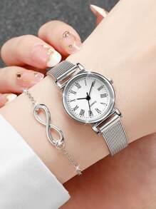 3pcs/Set Women's Fashion Minimalist Roman Numeral Small Dial Quartz Watch & Figure 8 Jewelry Set - Silver - View 3