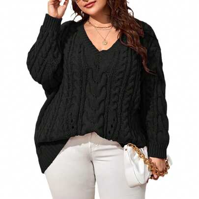 Plus Size Sweaters For Women V Neck Long Sleeve Cable Knit Sweaters Casual Fall Sweaters Soft Jumper Tops