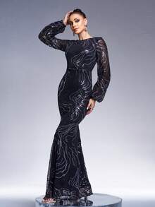 Missord Đầm dạ hội tay bồng đuôi cá đính lưới sequin lấp lánh - màu đen - Xem 6
