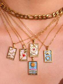 1pc 18K Gold Plated Stainless Steel Vintage Geometric Square Pendant Necklace With Heart, Moon & Zirconia Stones, Fashion Charm Jewelry For Women