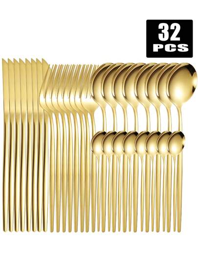 4/16/24/32 pièces Set de couverts en acier inoxydable portugais, comprend des couteaux à steak, des fourchettes et des cuillères, convient pour la maison, le restaurant, les fêtes, les banquets, cadeau de Noël, fournitures scolaires